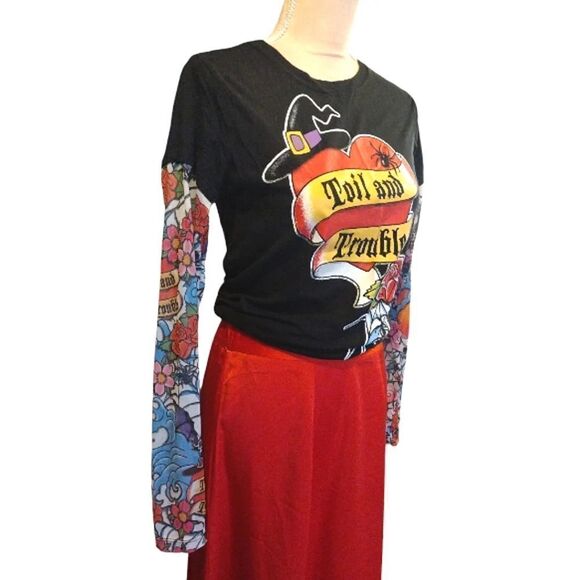 Y2K 00s Black Red Toil And Trouble Tattoo Mesh Long Sleeve Tshirt Large - Picture 5 of 16
